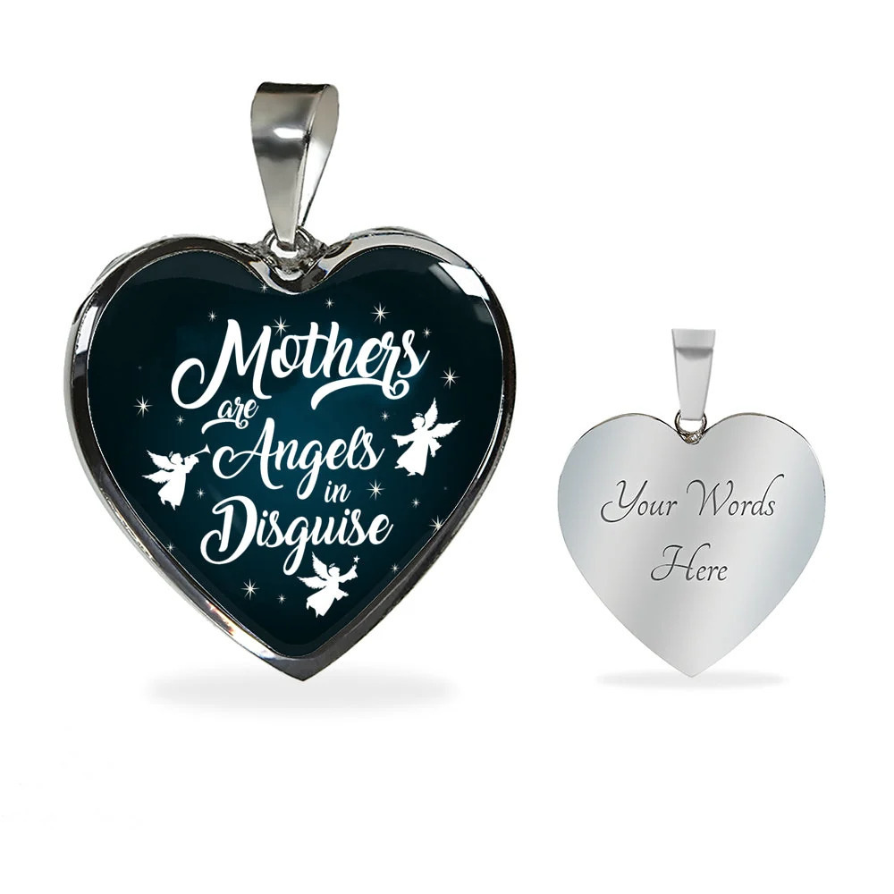 Mothers Are Angels In Disguise Heart Pendant Necklace Personalized Engraved Sil